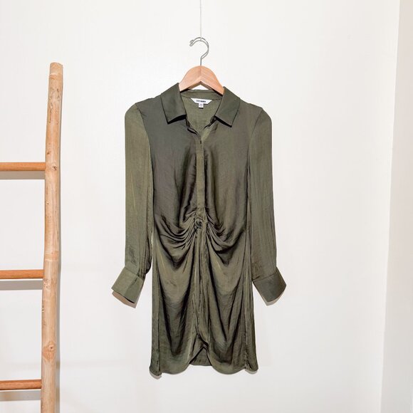 Steve Madden Dresses & Skirts - Steve Madden Olive Tie Waist Long Sleeve Satin Shirtdress XS